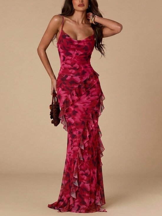 MODA ME COUTURE Dresses & Skirts - Pink Elegant Women's Fuchsia Floral Print Ruffled Draped Neck Fitted Maxi Dress